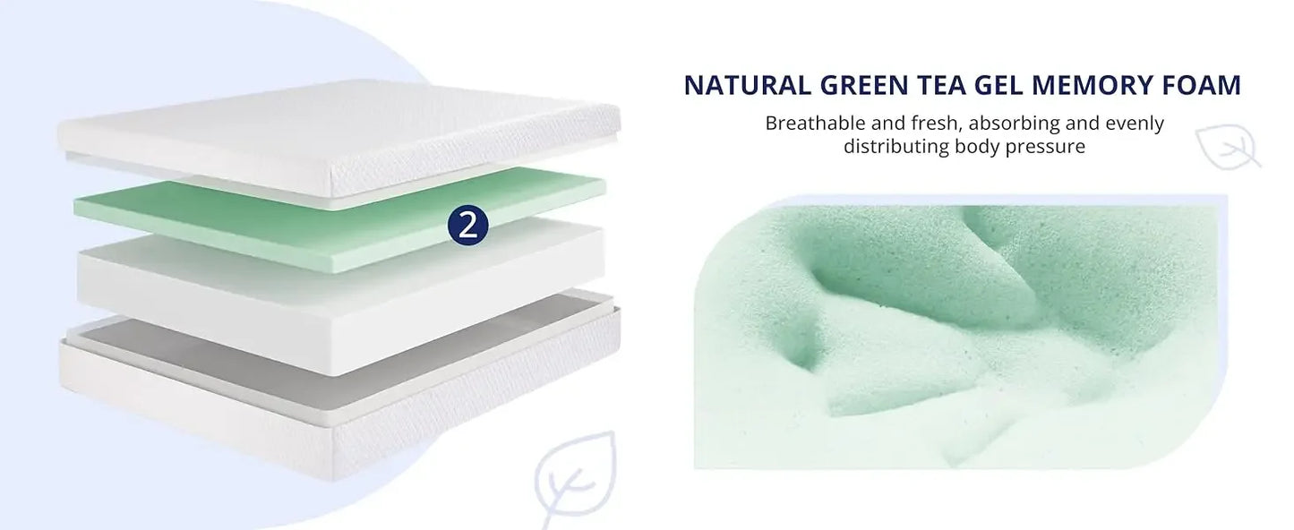 Ljustra TwinXL 10 Inch Green Tea Memory Foam Mattress Removable Cover