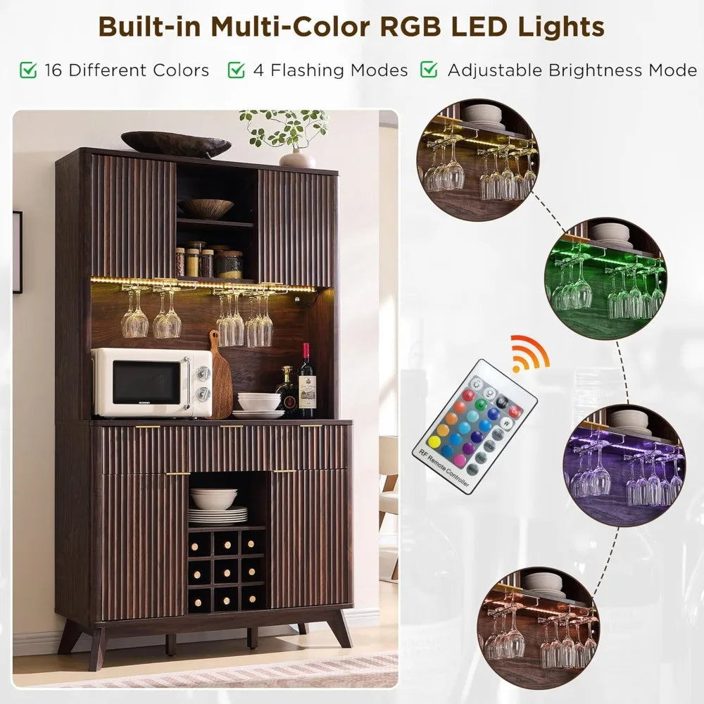 72 Inch Modern Wood Wine Bar Cabinet Storage Hutch with LED Lights