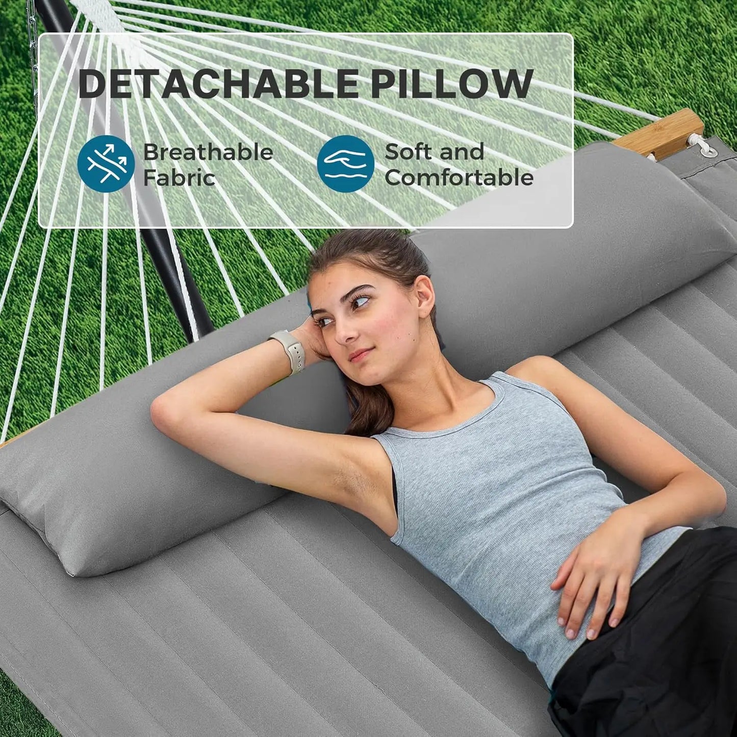 Hammock with Stand Quilted Outdoor Portable 2 Person Detachable Pillow