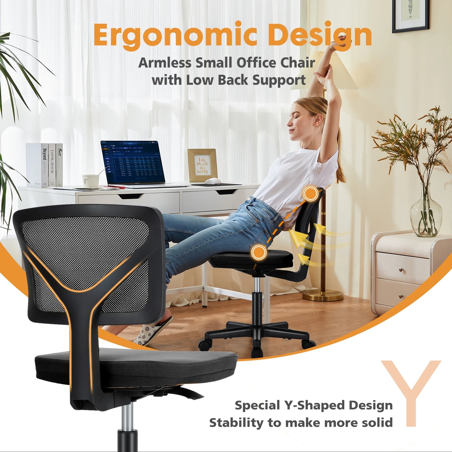 Ljustra Armless Office Chair with Lumbar Support Adjustable Height 360° Swivel