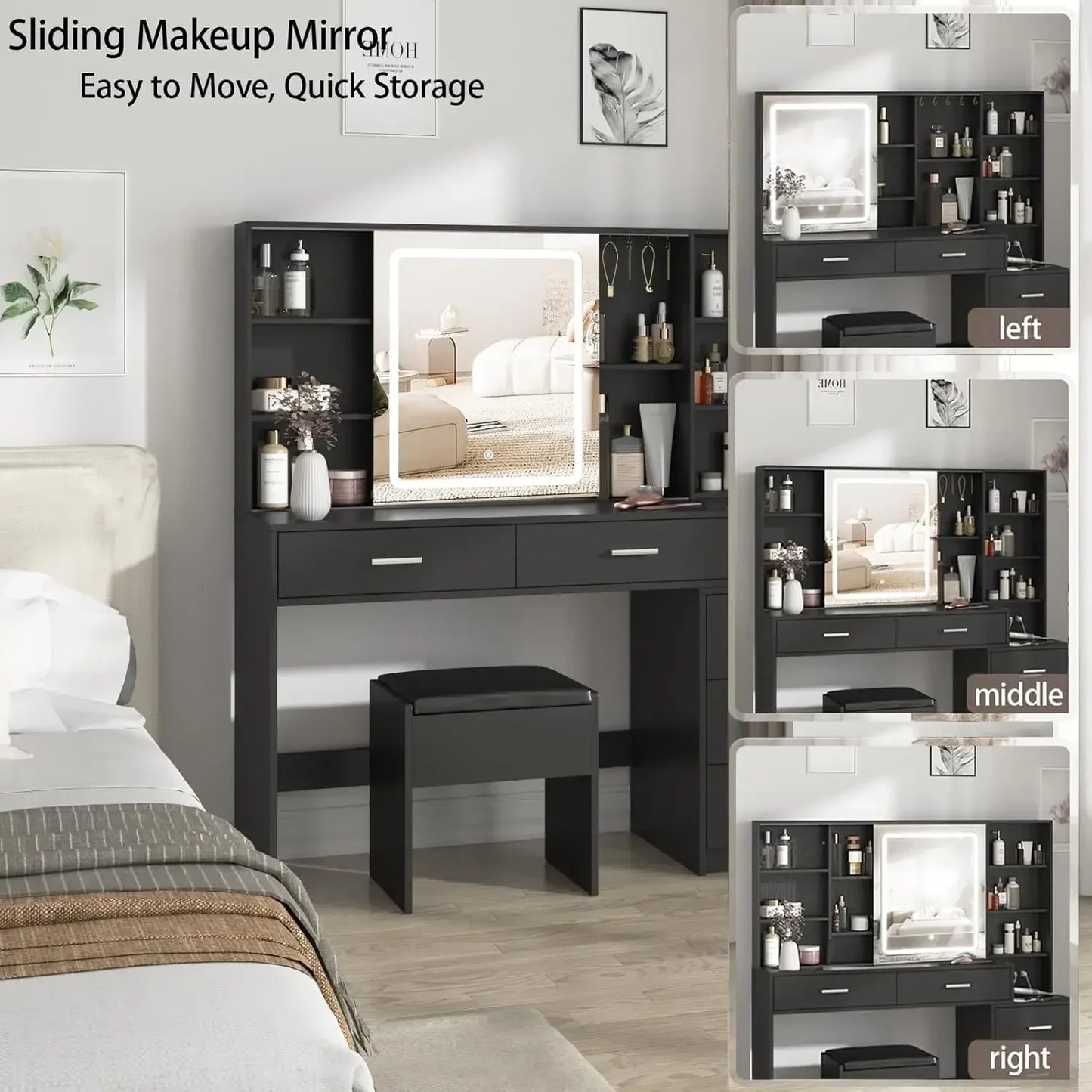 Makeup Vanity Desk with Sliding Mirror LED Lights and Charging Station