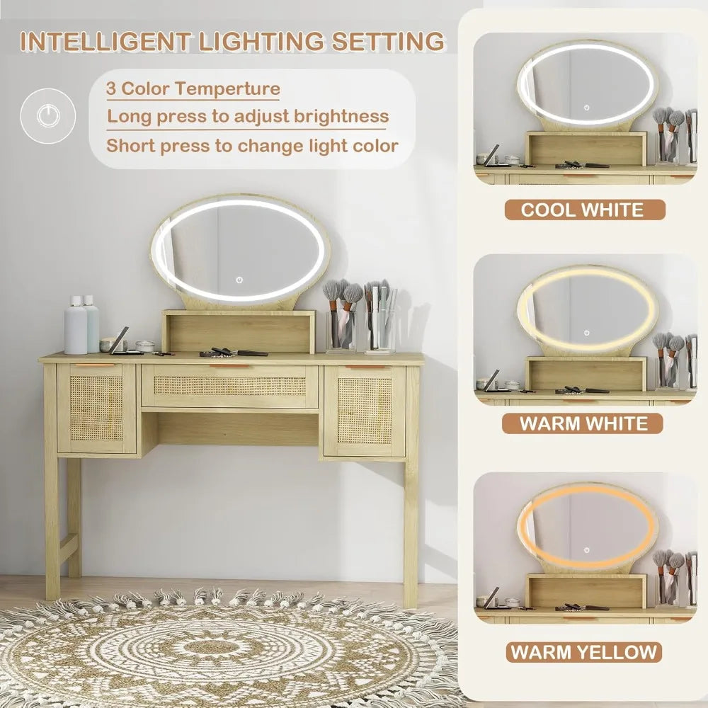 Rattan Vanity Desk with Mirror and Lights 47 Inch Boho Makeup Table