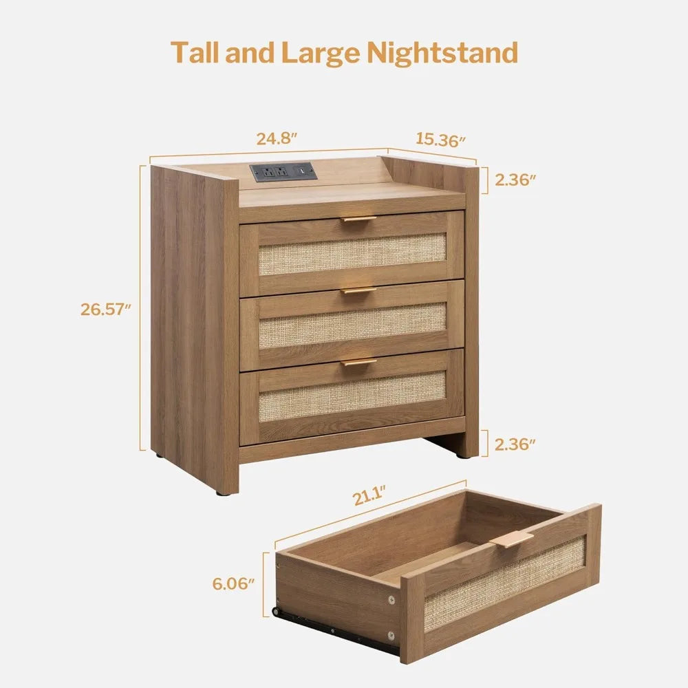 Rattan Night Stand Set of 2 Tall Nightstands with Charging Station