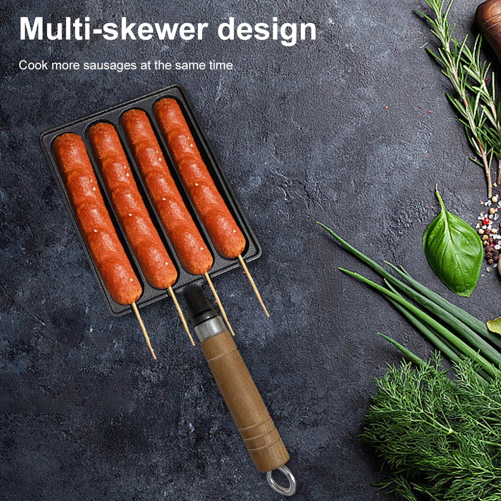 Cast Iron Pre-Seasoned Sausage Pan Non-Stick Hot Dog Mold with Wooden Handle