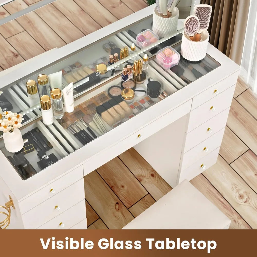 Glass Top Vanity Desk with 11 Drawers LED Mirror and Stool for Makeup