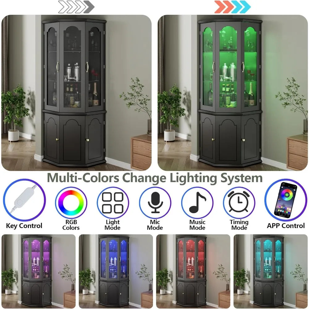 Modern Tall Wine Cabinet with LED Lights Adjustable Shelves Storage