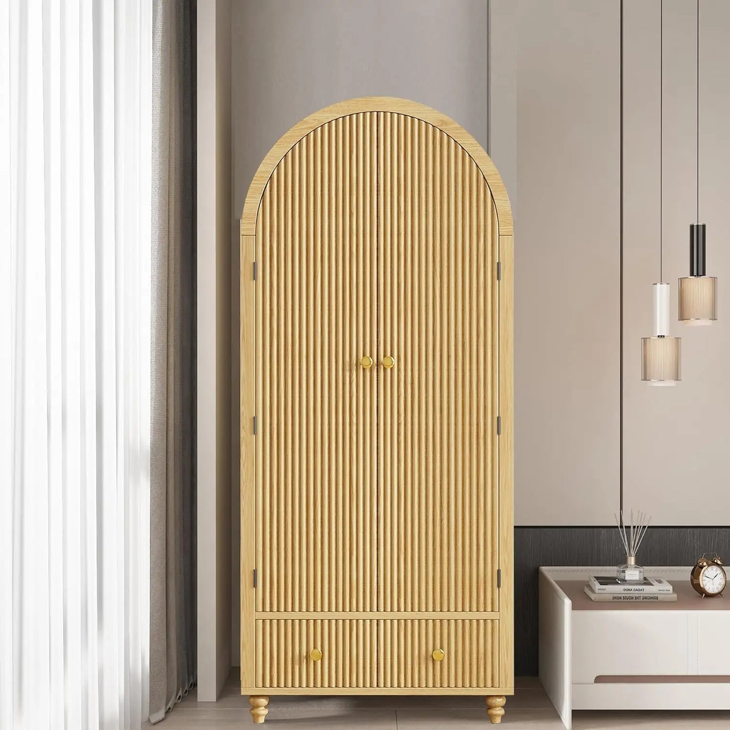 Modern Arched Wooden Storage Cabinet with Fluted Doors and Gold Knobs