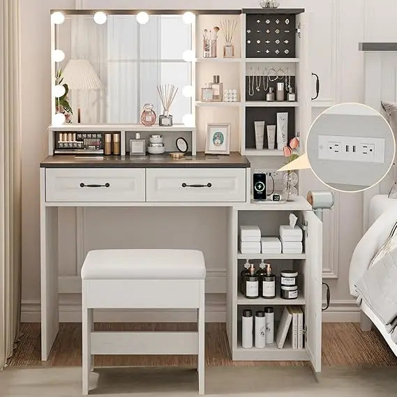 Makeup Vanity Desk with Mirror Lights Charging Station and Storage