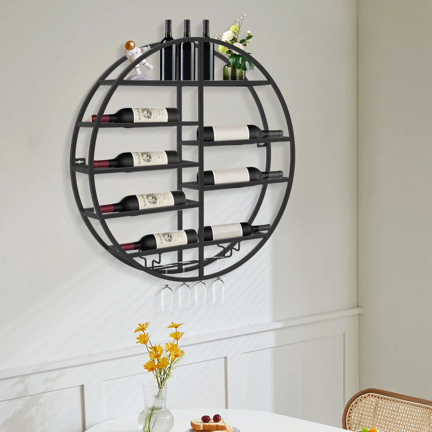 Round Wall Mounted Wine Rack Modern Floating Organizer Black Metal