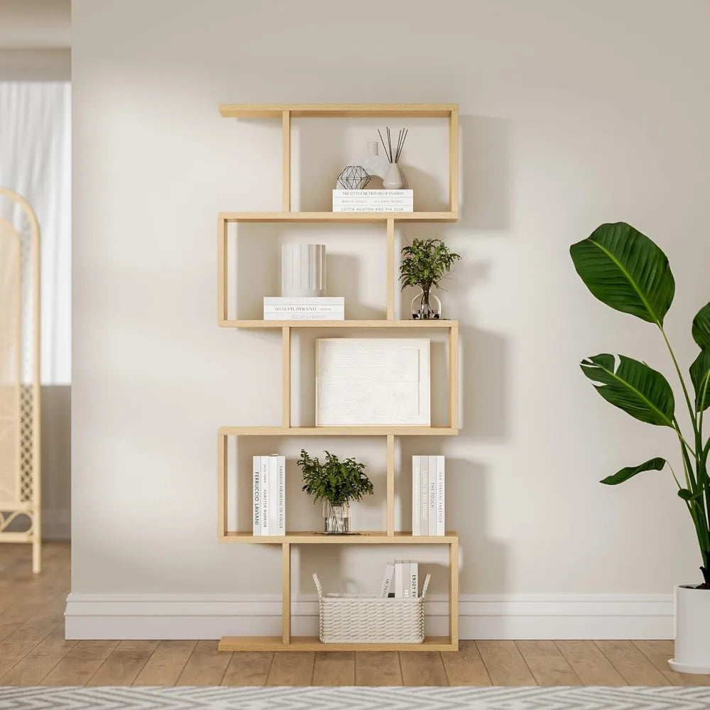 Oak 5-Tier Geometric Bookcase S-Shaped Display Shelf Set of 2