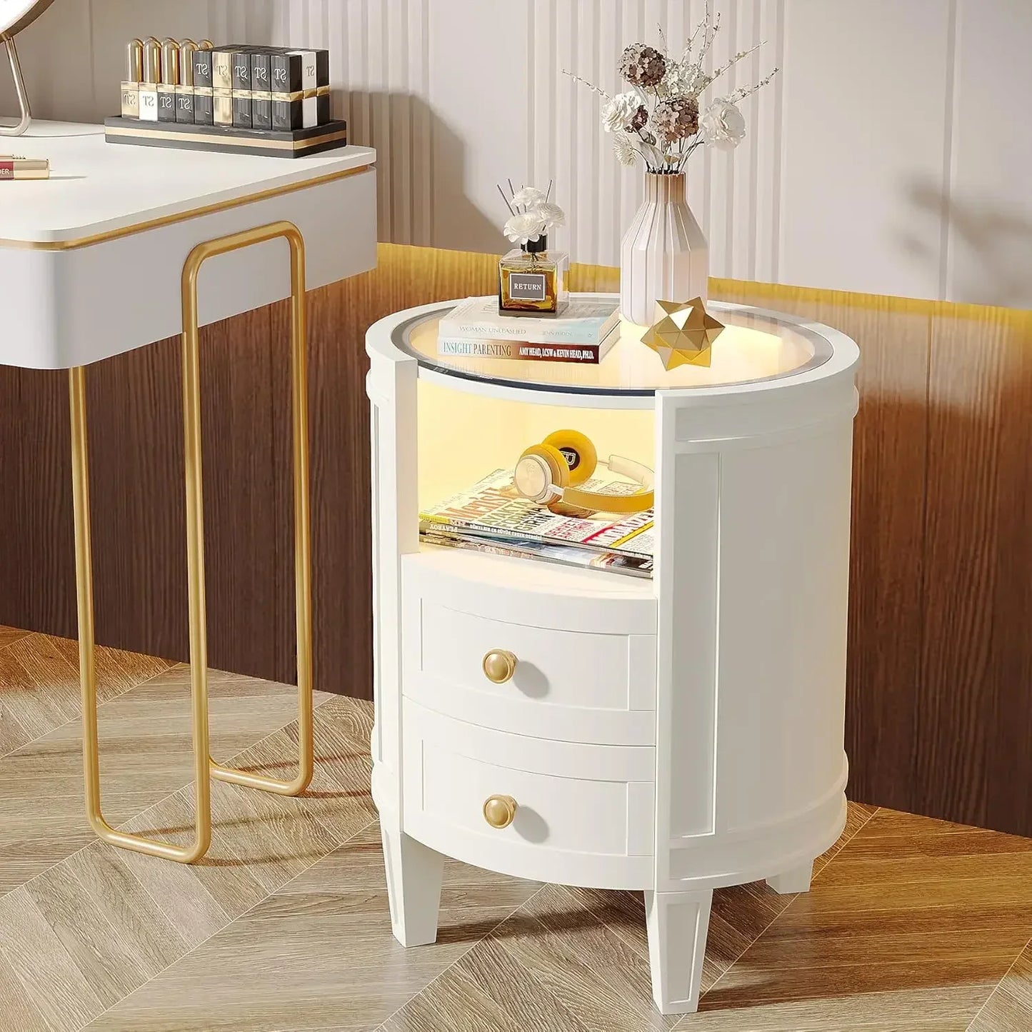 Set of 2 Nightstands with LED Glass Top Modern Bedside Table Storage