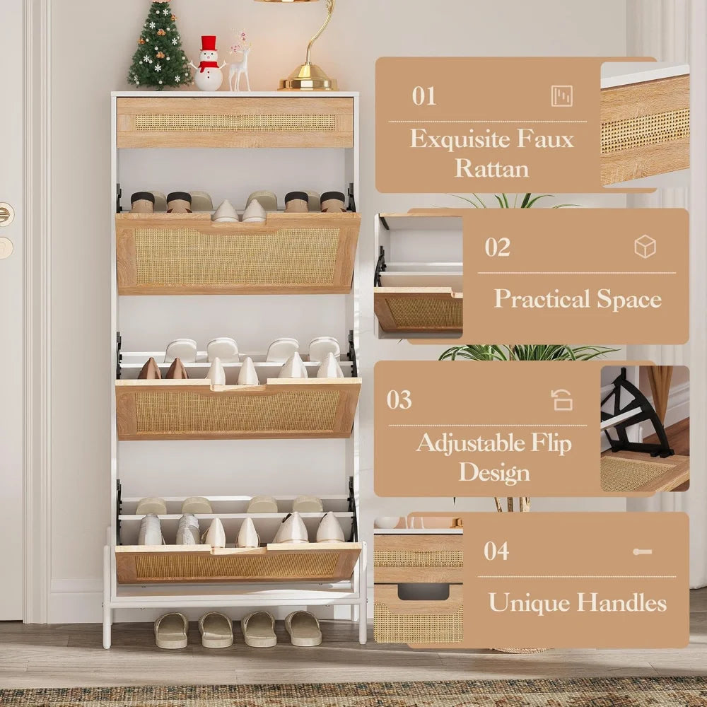 Shoe Cabinet Storage Organizer Rattan Entryway Freestanding Flip Drawers