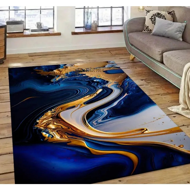 Blue Marble Pattern Non-Slip Area Rug for Living Room Bedroom Patio