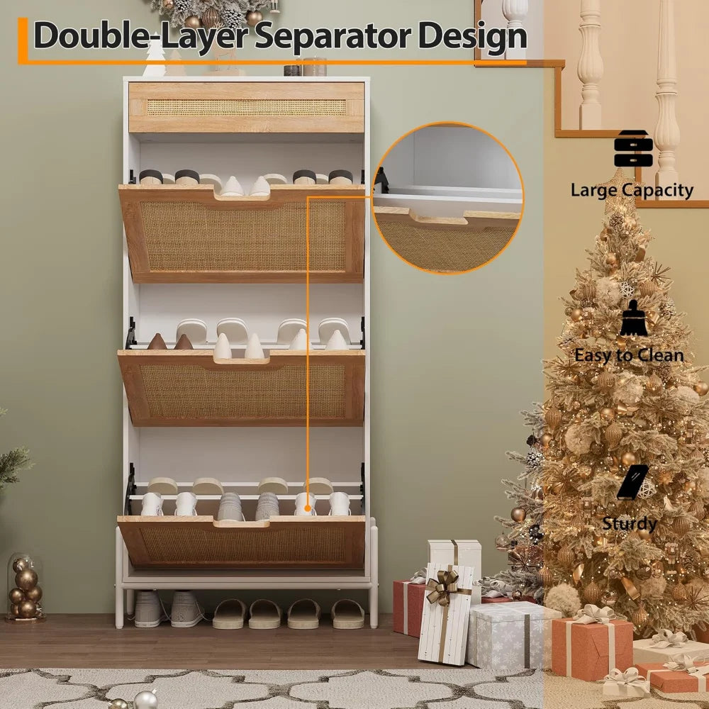 Shoe Cabinet Storage Organizer Rattan Entryway Freestanding Flip Drawers