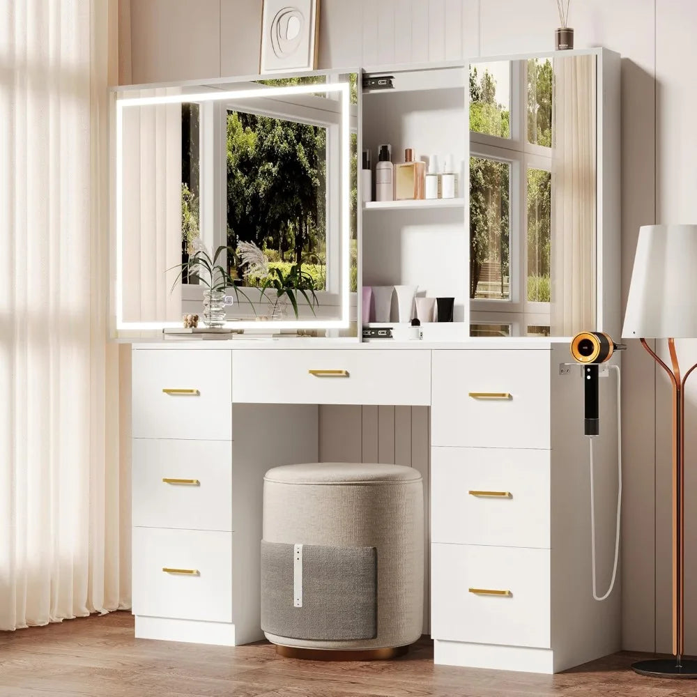 Modern Vanity Desk with Lighted Mirror Charging Station Makeup Table