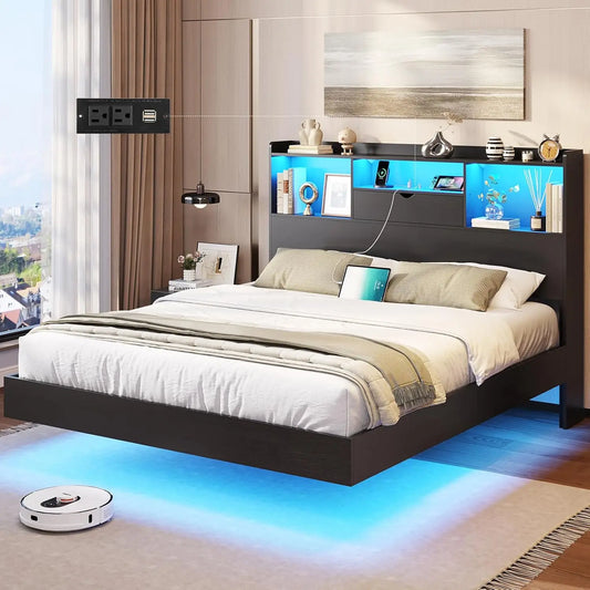 Full Floating Bed Frame with LED Lights Headboard Storage Full Size