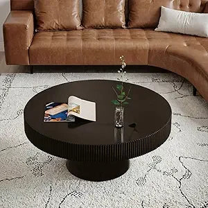 Round Fluted Coffee Table Modern Handcrafted Drum Table Low Profile