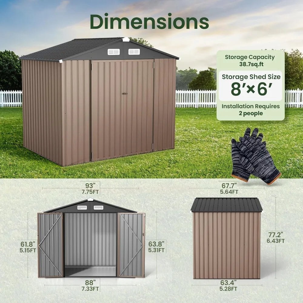 8x6 FT Outdoor Metal Storage Shed Durable Garden Tool Shed All-Weather
