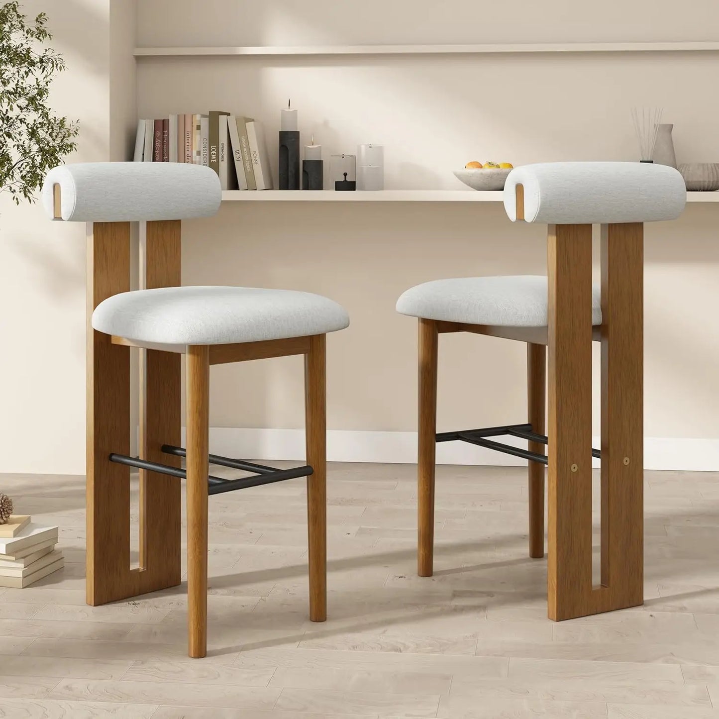 Set of 2 Wood Upholstered Barstools Mid-Back Modern Counter Stools