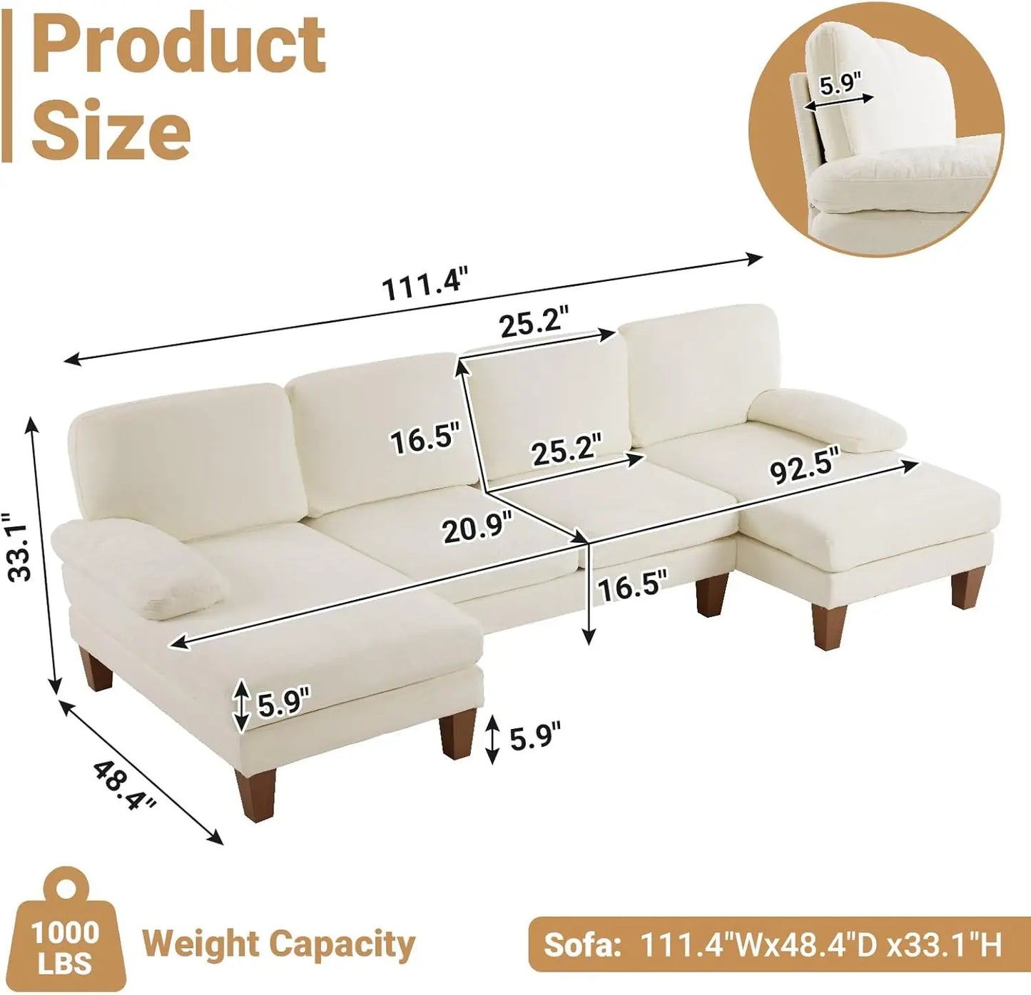 Ljustra Modern U-Shape Couch, 4-Seat Chenille Sectional Sofa, Burnt Orange, 110"