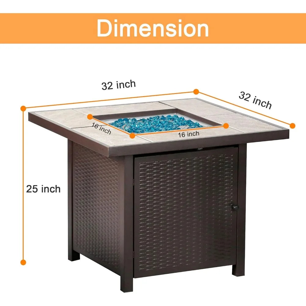 Propane Gas Fire Pit Table 32 Inch 50000 BTU Outdoor Square Firepit