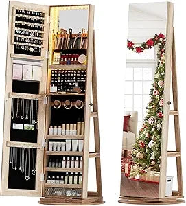 360 Degree Swivel Jewelry Cabinet Full Length Mirror Storage Organizer
