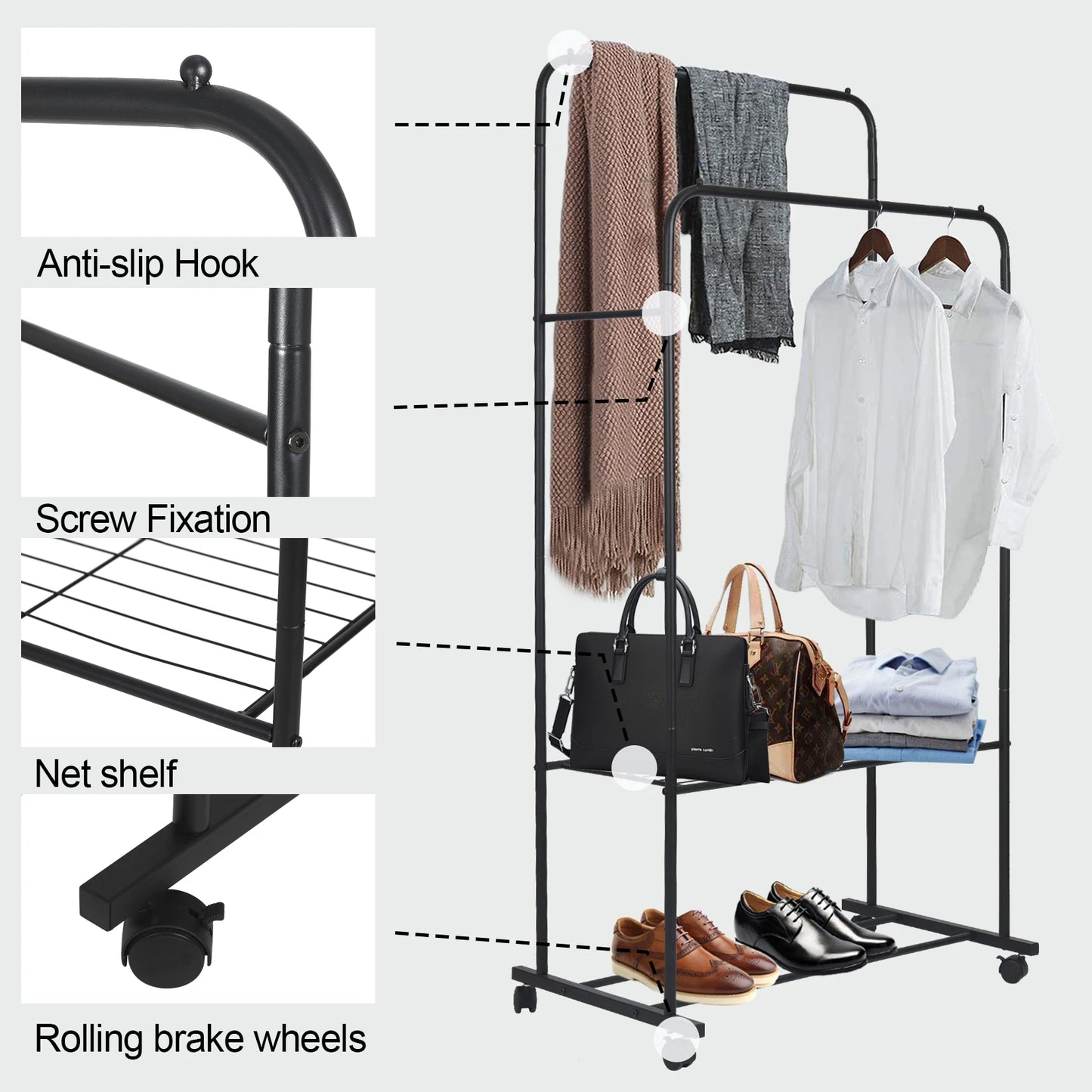 Rolling Clothes Rail Rack Garment Hanging Rack with Storage Shelves