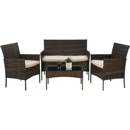 Ljustra 4 Pieces Rattan Patio Furniture Set Garden Conversation Sofa