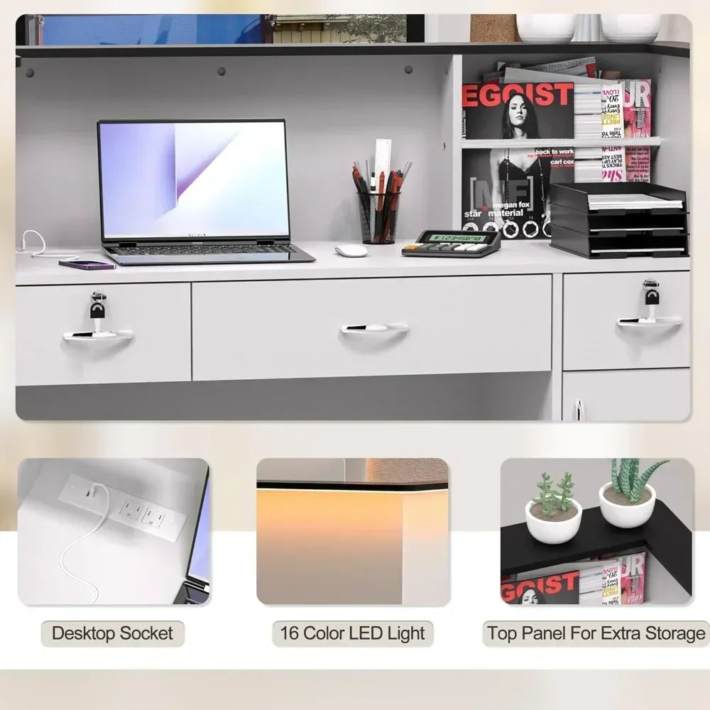 Reception Desk with LED Lights Modern Checkout Counter with Storage Lockers