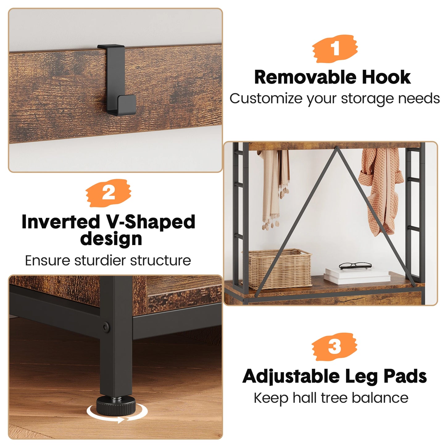 Hall Tree Entryway Bench Coat Rack Shoe Storage Industrial Style