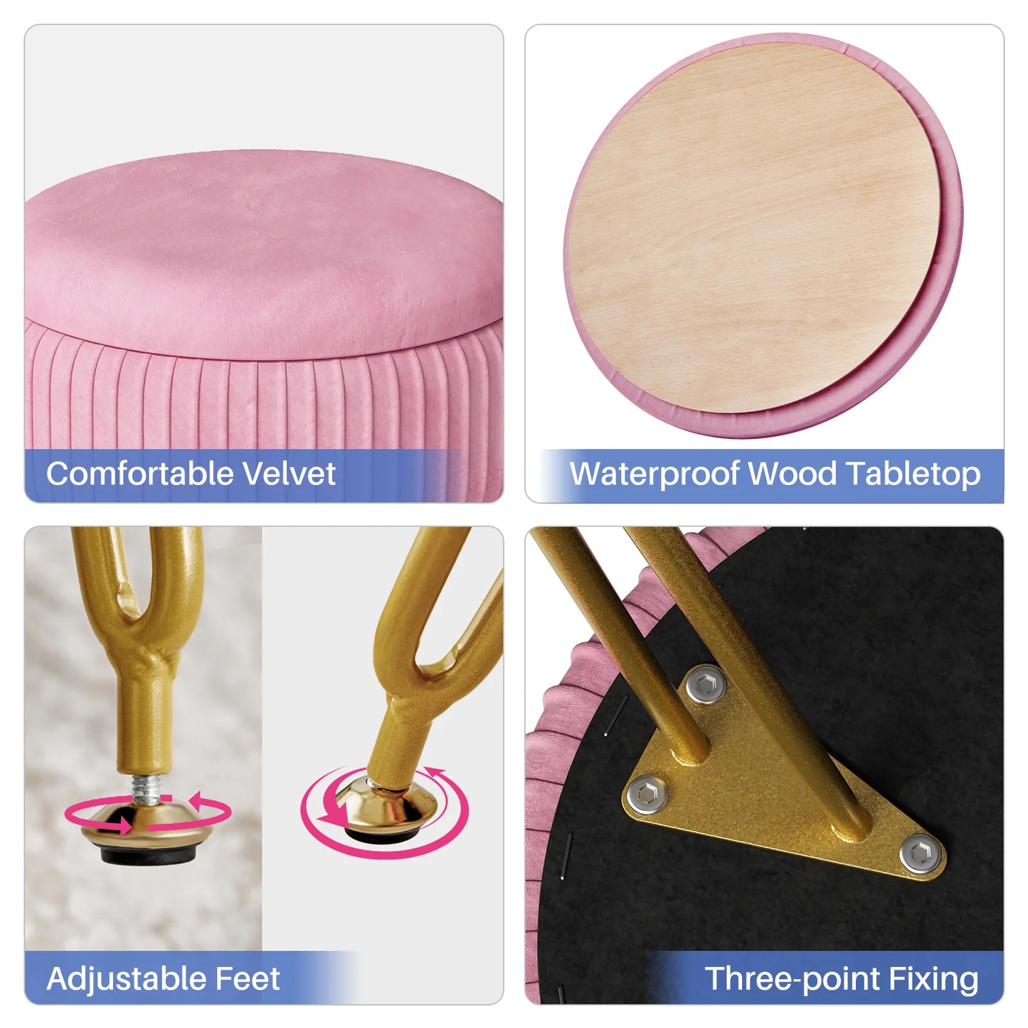 Redlife Velvet Vanity Stool Chair with Storage Makeup Footrest Living Room