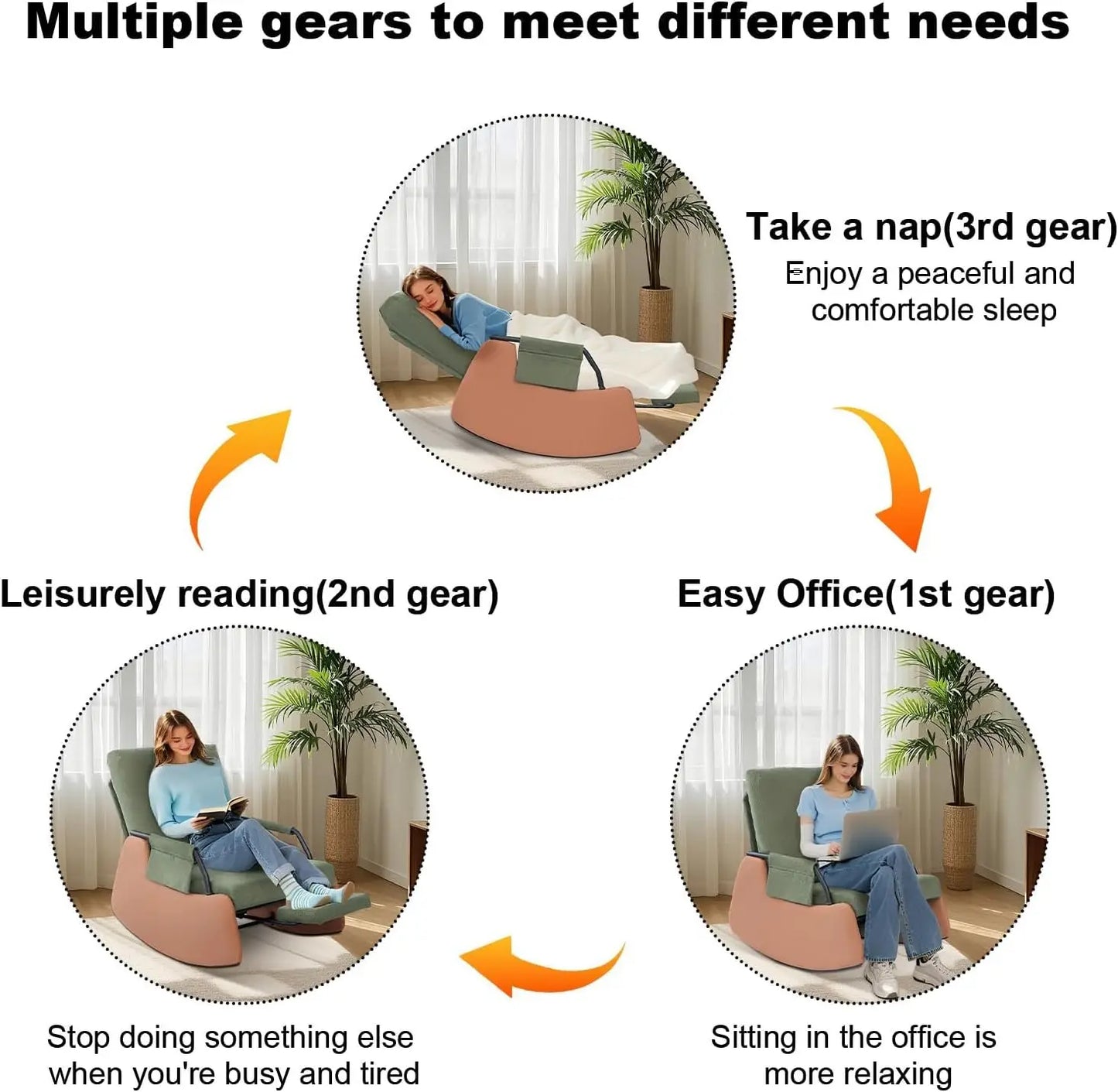 Ljustra Rocking Recliner Chair Modern Sofa Upholstered Glider 3 Levels