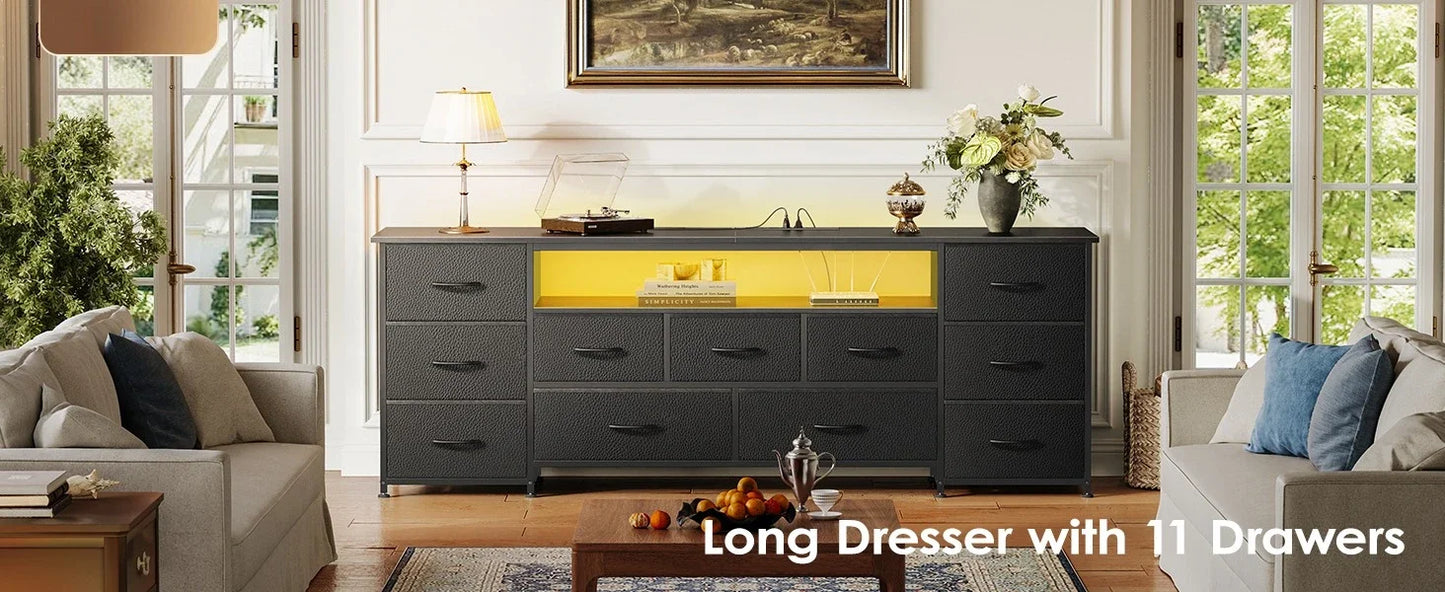 63 Inch TV Stand Dresser with LED Lights Power Outlets 11 Drawers Storage