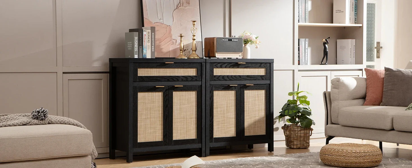 Buffet Storage Cabinet 2-piece Set Bohemian Rattan Sideboard Console