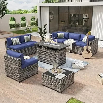 8-Piece Wicker Rattan Patio Furniture Set with Fire Pit Table and Cushions