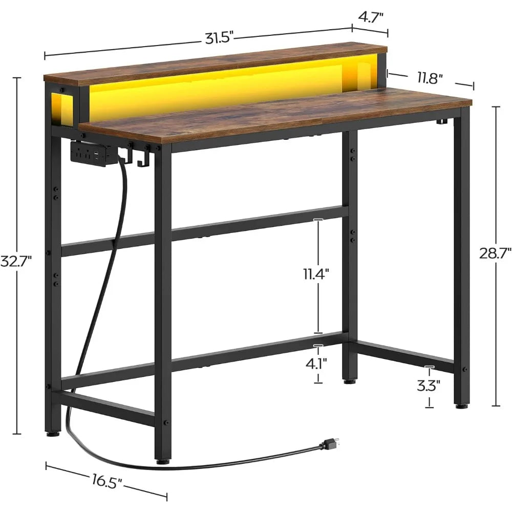 Desk with Charging Station LED Lights Gaming Desk Monitor Stand Home Office