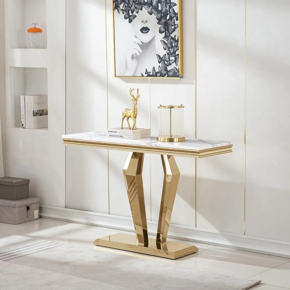47 Inch White Marble Console Table Modern Stainless Steel D-Base