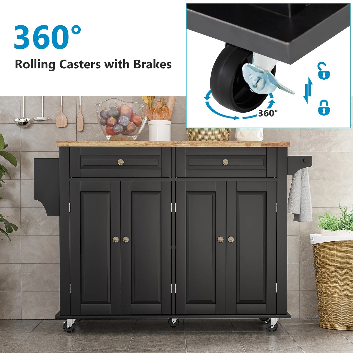 Rolling Kitchen Island on Wheels with Drop Leaf Storage Cabinet