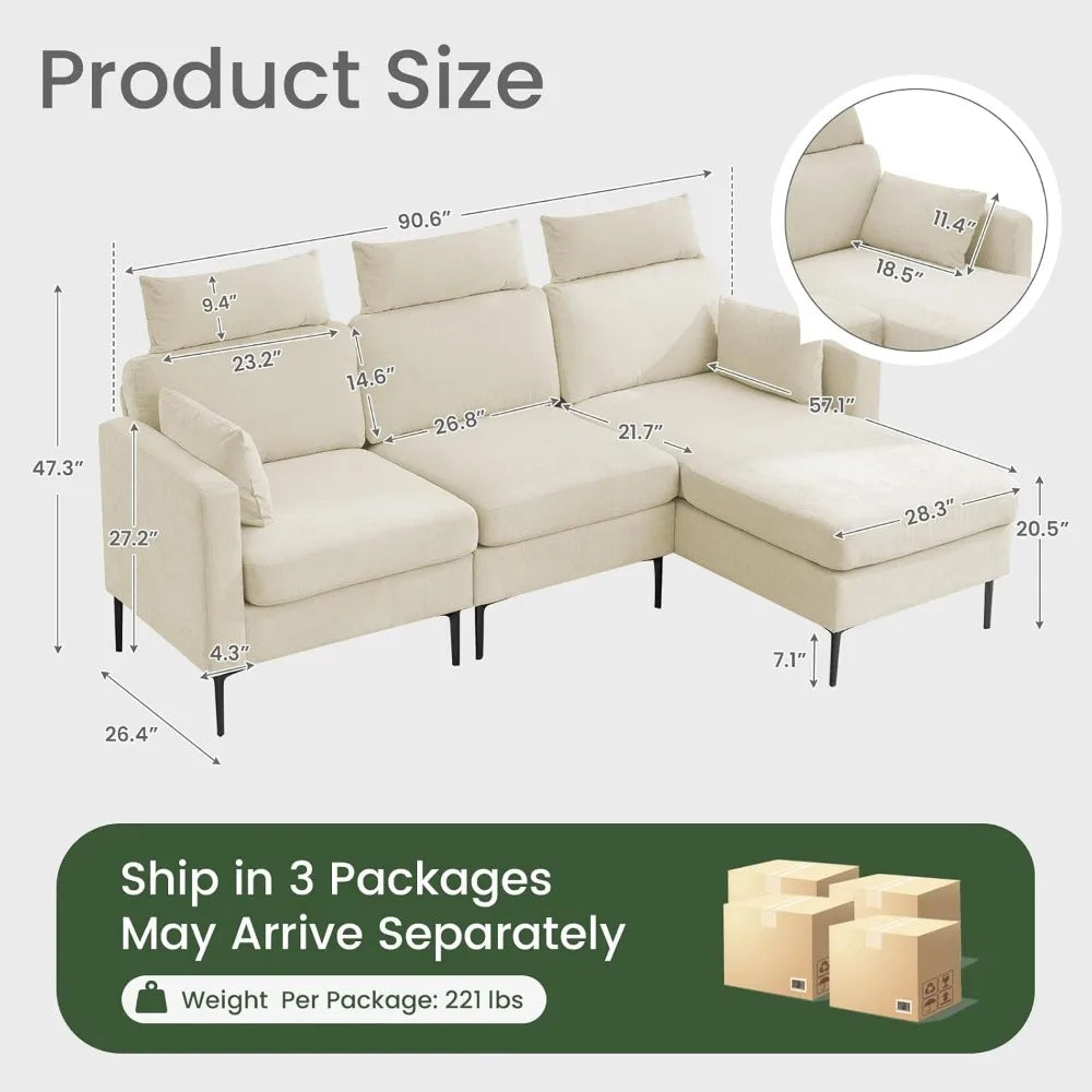 L-Shaped Sectional Sofa 90.6" Modern 3-Seater Convertible Couch