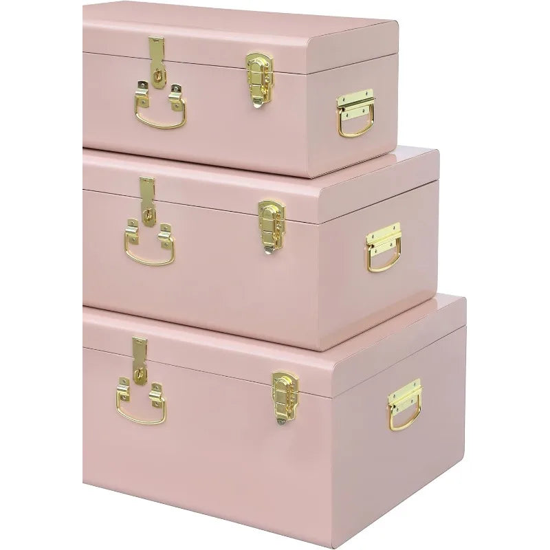 Decorative Box Set 3 Metal Trunks Chest Storage with Lock for Home Decor
