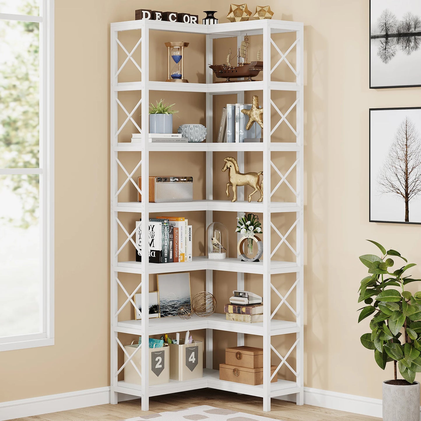 Ljustra 7-Shelf Corner Bookshelf Modern Corner Bookcase Storage Rack