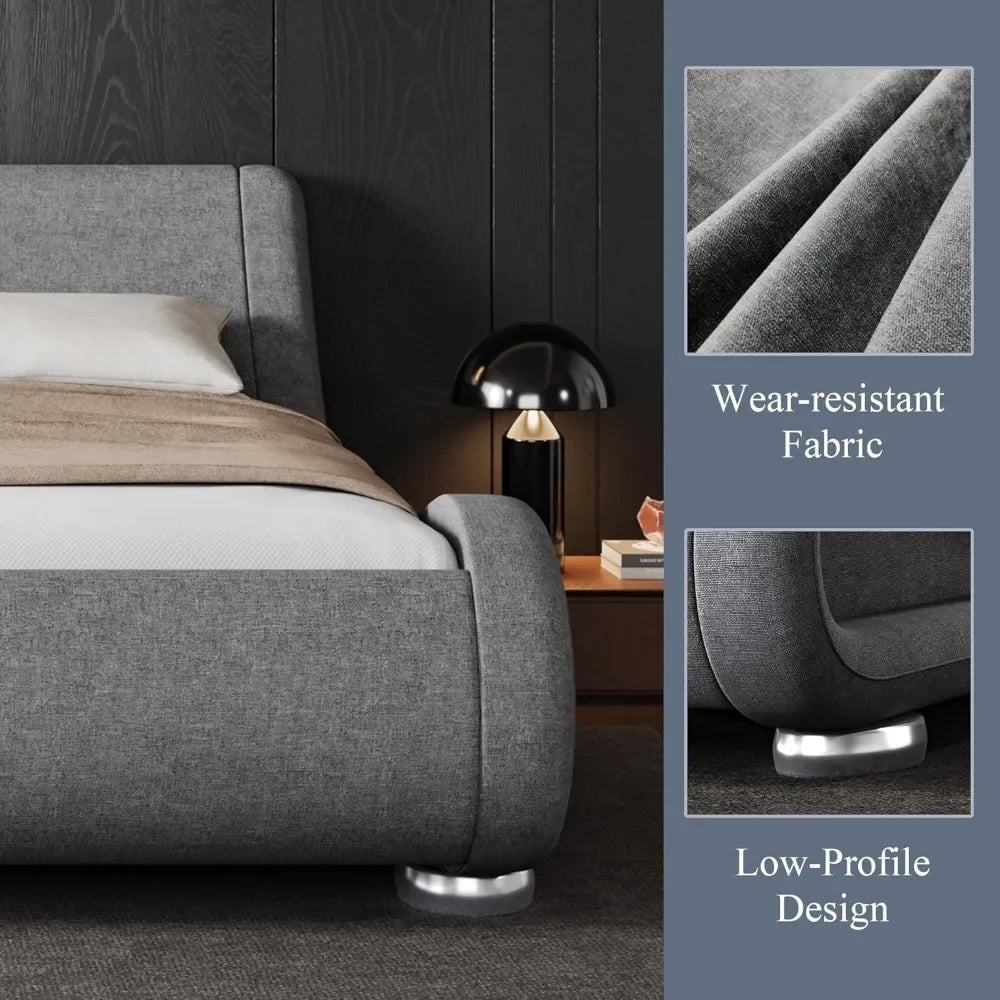 Queen Size Bed Frame Low Profile Modern Upholstered Platform Sleigh