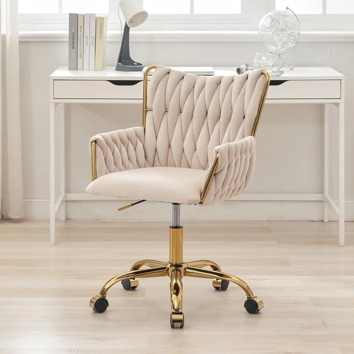 Office Desk Chair No Wheels Woven Velvet Vanity Chair Gold Metal Legs