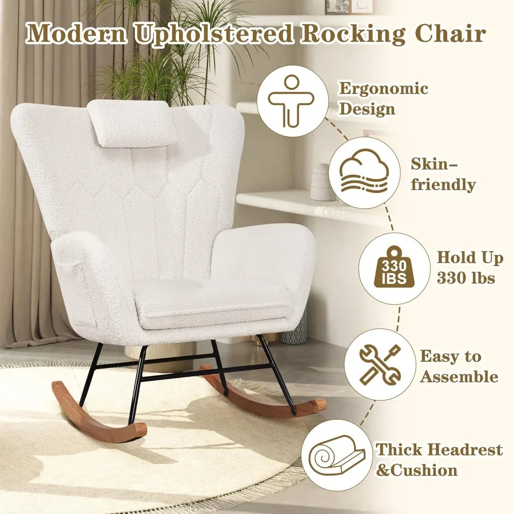 Rocking Chair Nursery Upholstered Glider Armchair High Backrest Padded Seat