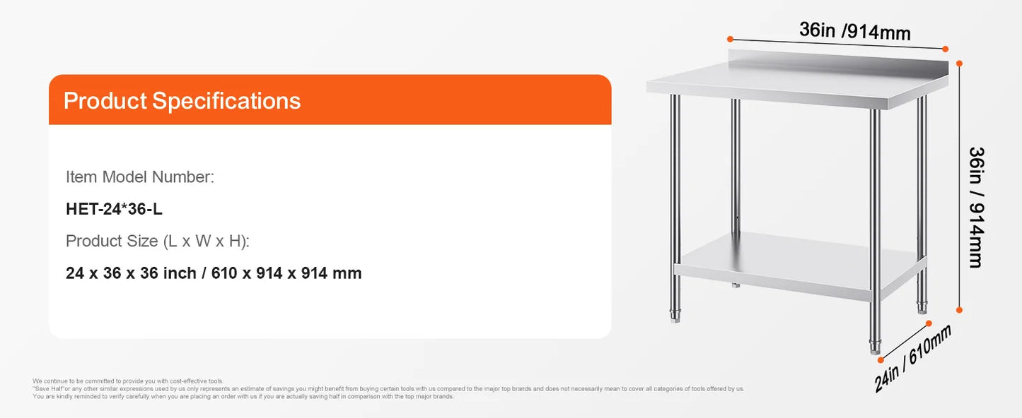 SucceBuy Stainless Steel Work Table Heavy Duty Adjustable Kitchen Table