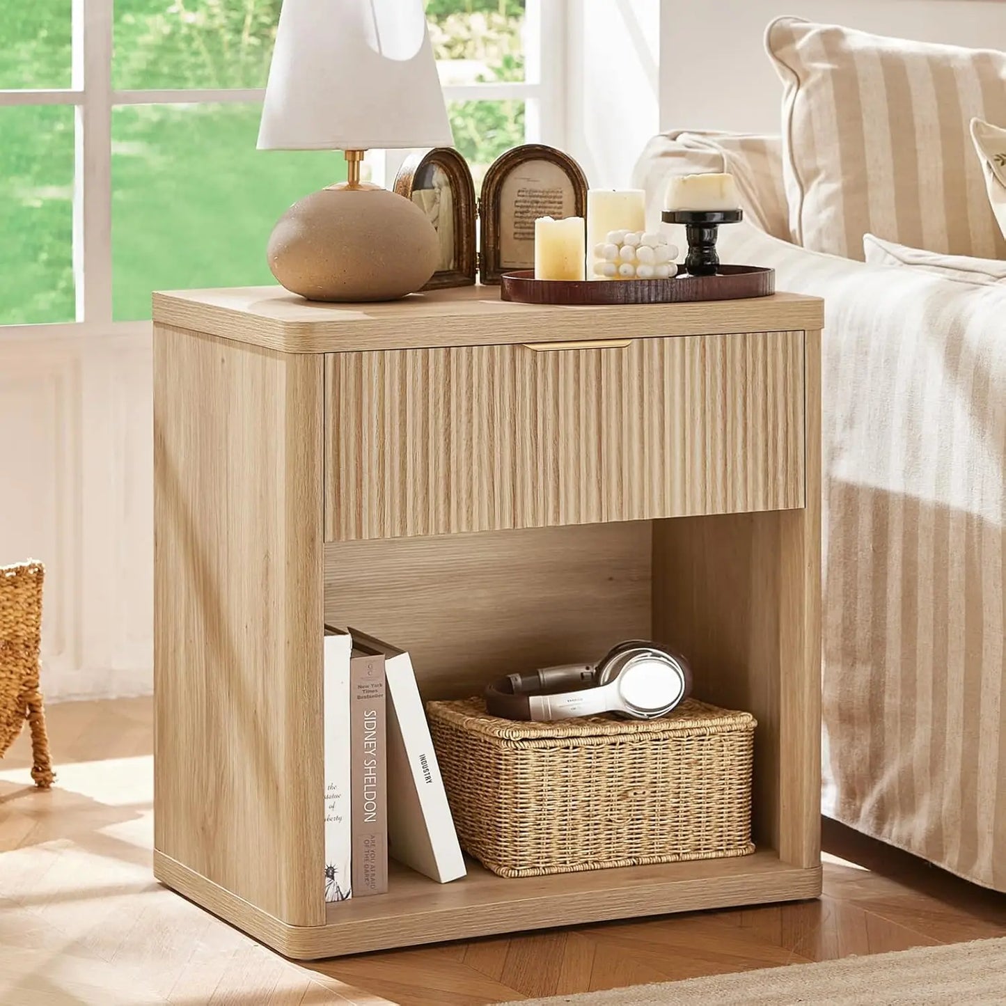 23 Inch Wide Fluted Night Stand Set of 2 with Charging Station and Drawers