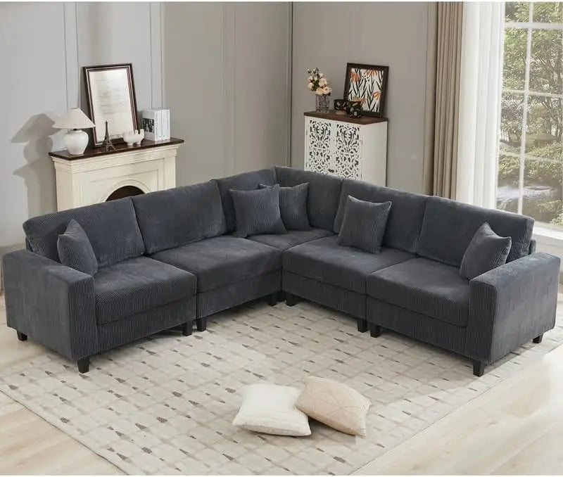 L Shaped Couch Oversized Sectional Sofa Set Deep Seat 5 Pillows
