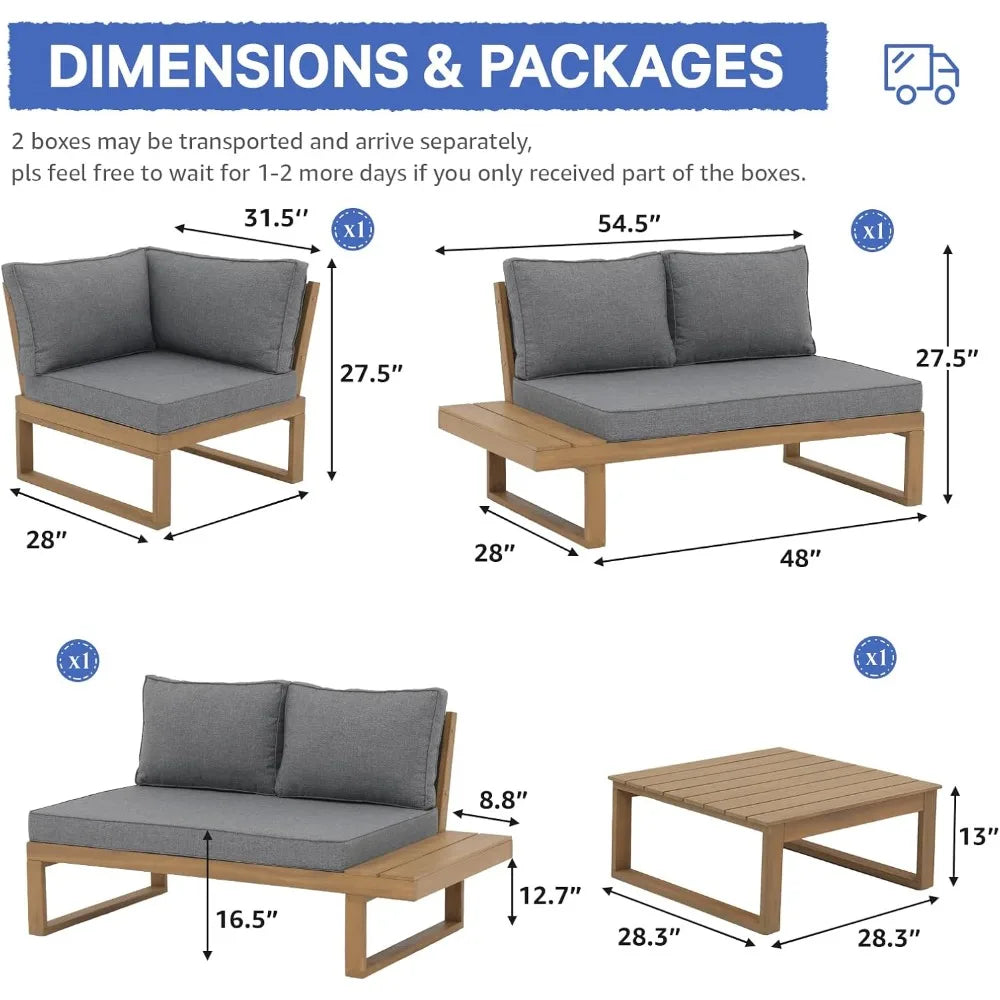 L-Shaped Acacia Wood Patio Sectional Sofa Set with Coffee Table