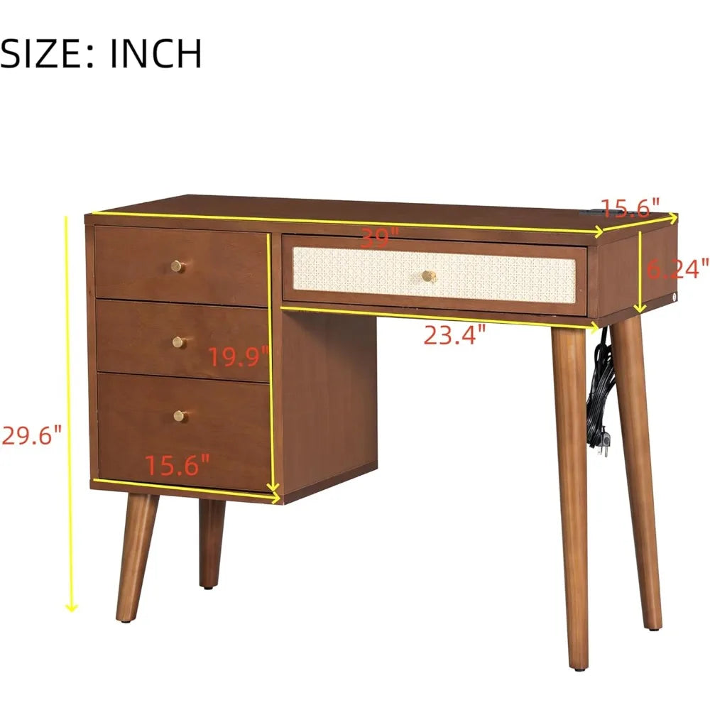 Retro Wooden Makeup Vanity Set with 4 Storage Drawers and Stool