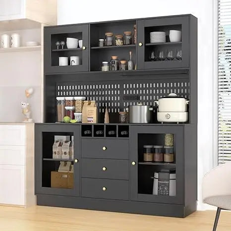 Kitchen Hutch Cabinet Freestanding Buffet with Pegboard Cup Holder Storage